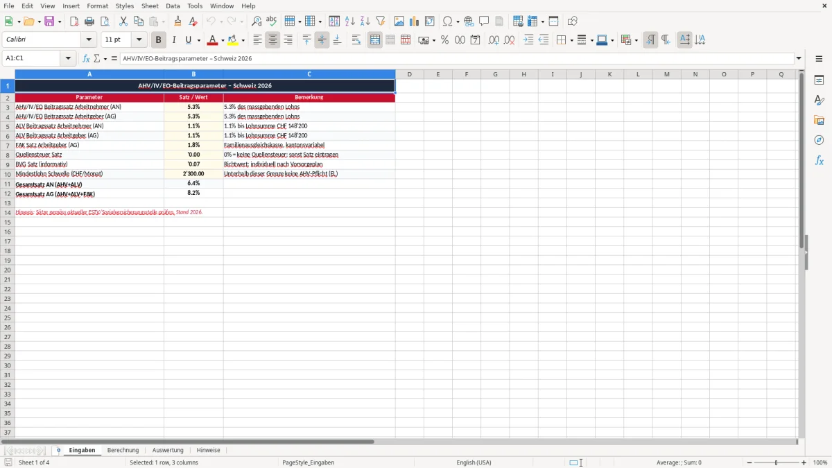 Screenshot 1: Blatt Eingaben - Excel-Vorlage ahv beitrag berechnung excel vorlage schweiz