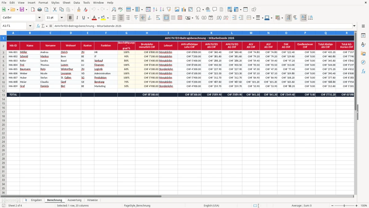 Screenshot 2: Blatt Berechnung - Excel-Vorlage ahv beitrag berechnung excel vorlage schweiz