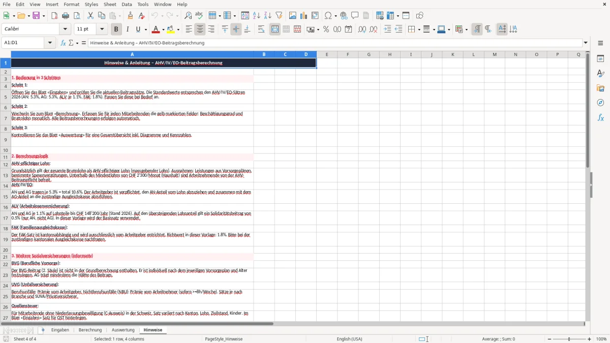 Screenshot 4: Blatt Hinweise - Excel-Vorlage ahv beitrag berechnung excel vorlage schweiz