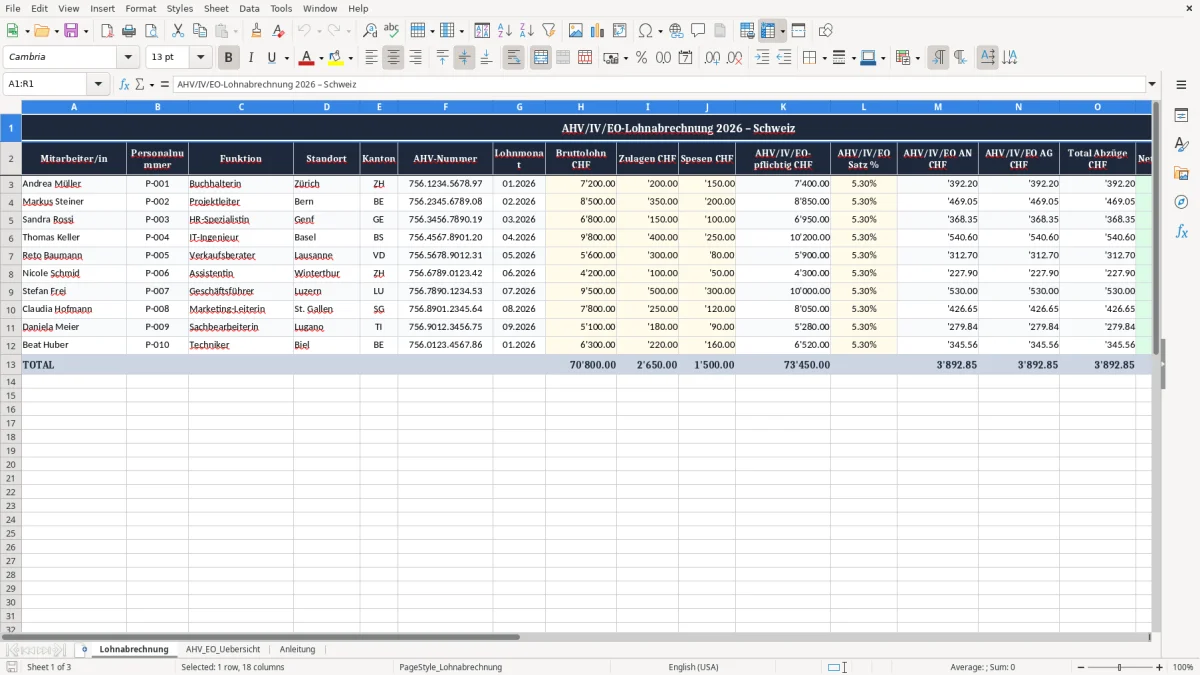 Screenshot 1: Blatt Lohnabrechnung - Excel-Vorlage ahv iv eo abrechnung excel vorlage schweiz