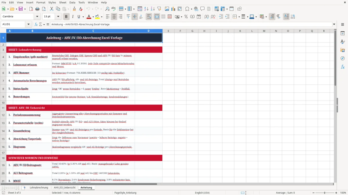 Screenshot 3: Blatt Anleitung - Excel-Vorlage ahv iv eo abrechnung excel vorlage schweiz