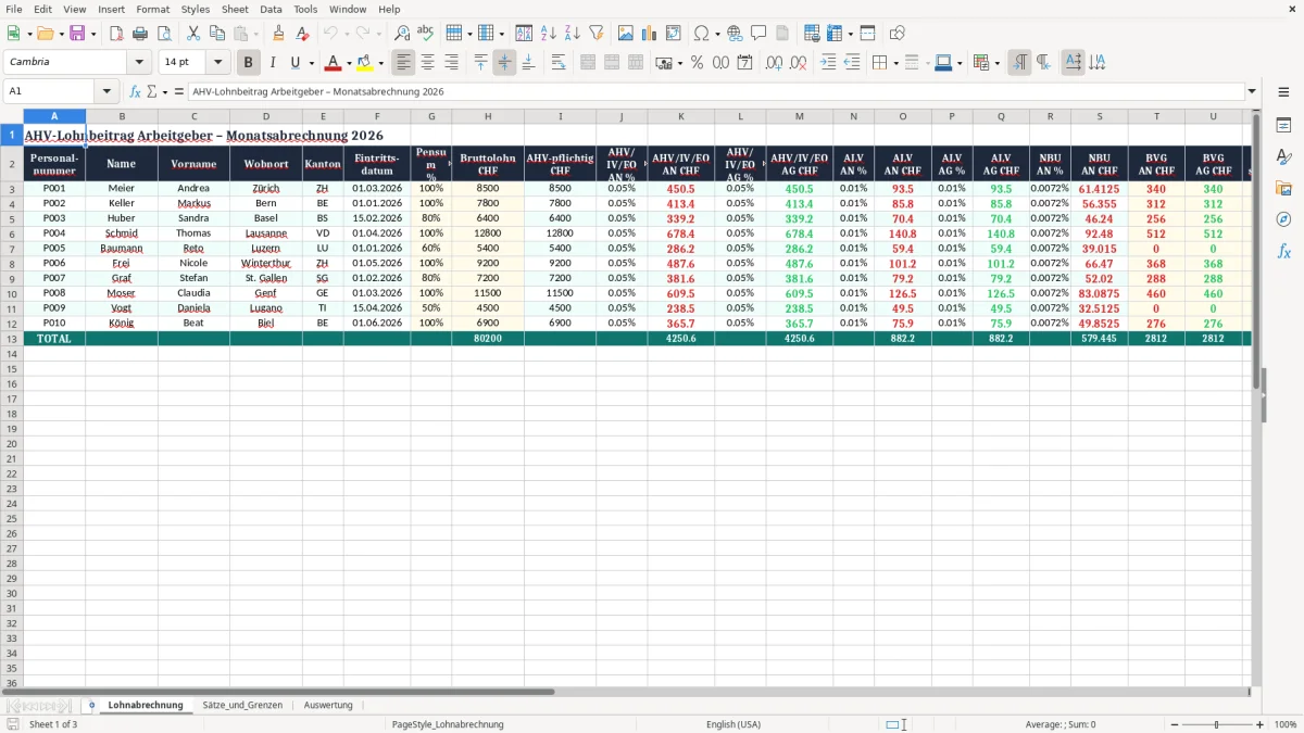 Screenshot 1: Blatt Lohnabrechnung - Excel-Vorlage ahv lohnbeitrag arbeitgeber excel vorlage schweiz