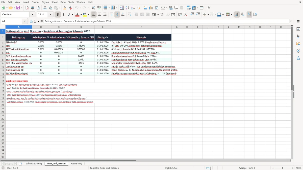 Screenshot 2: Blatt Sätze_und_Grenzen - Excel-Vorlage ahv lohnbeitrag arbeitgeber excel vorlage schweiz