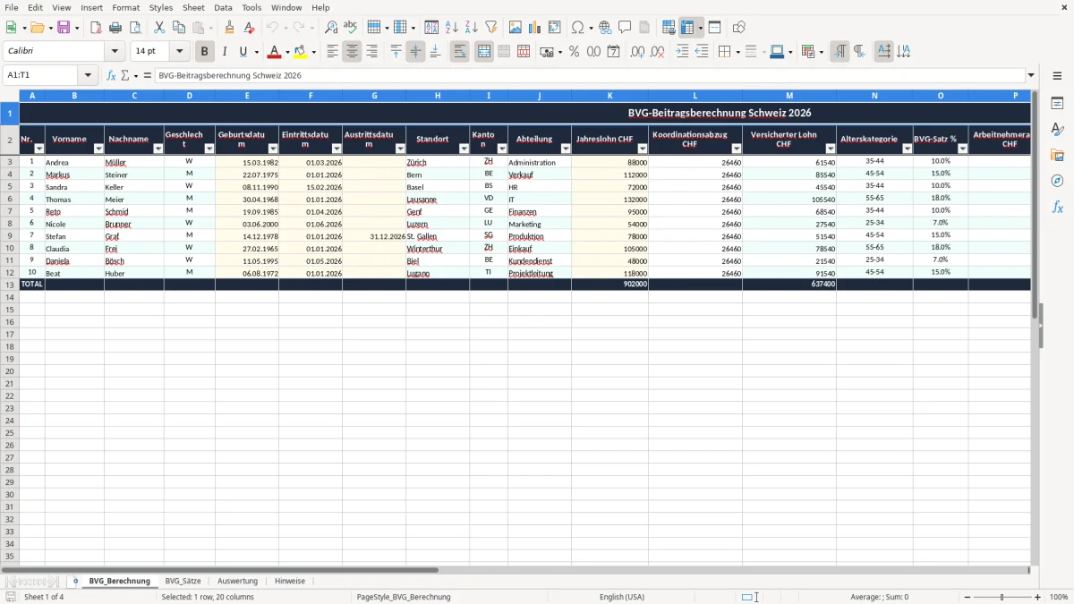 Screenshot 1: Blatt BVG_Berechnung - Excel-Vorlage bvg beitrag berechnung excel vorlage schweiz
