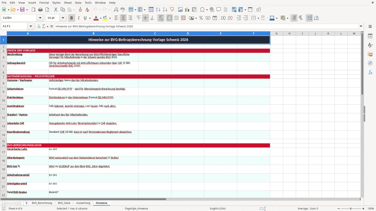 Screenshot 4: Blatt Hinweise - Excel-Vorlage bvg beitrag berechnung excel vorlage schweiz