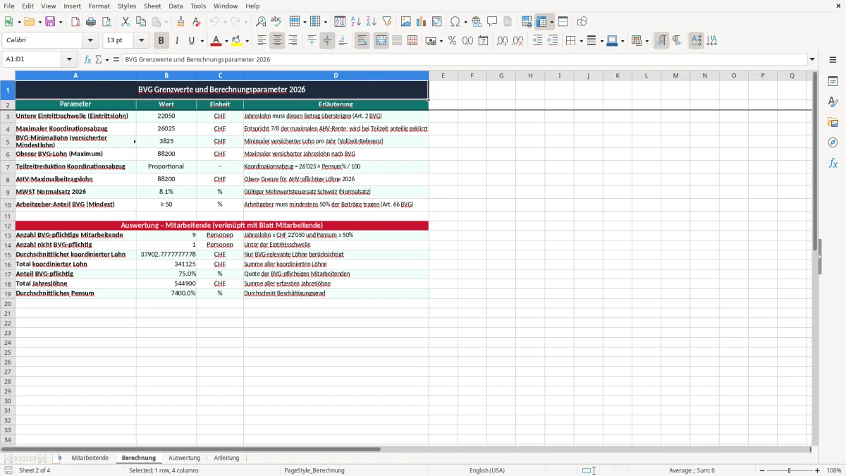 Screenshot 2: Blatt Berechnung - Excel-Vorlage bvg koordinationsabzug excel vorlage schweiz