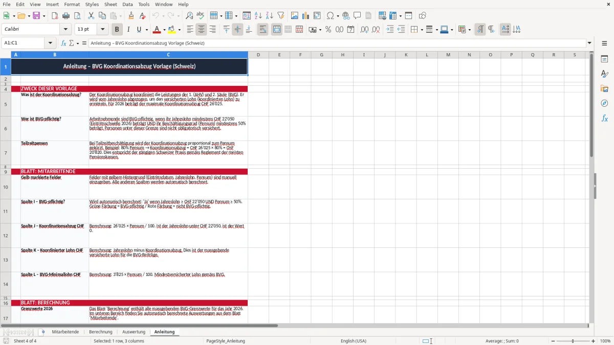 Screenshot 4: Blatt Anleitung - Excel-Vorlage bvg koordinationsabzug excel vorlage schweiz