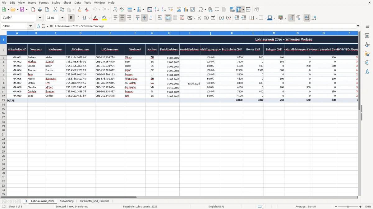 Screenshot 1: Blatt Lohnausweis_2026 - Excel-Vorlage lohnausweis excel vorlage schweiz