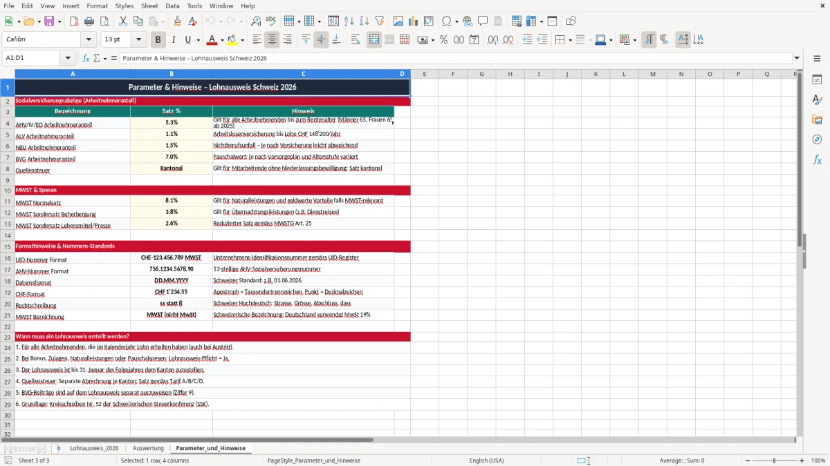 Screenshot 3: Blatt Parameter_und_Hinweise - Excel-Vorlage lohnausweis excel vorlage schweiz