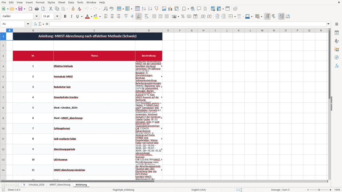 Screenshot 3: Blatt Anleitung - Excel-Vorlage mwst abrechnung effektive methode excel vorlage schweiz
