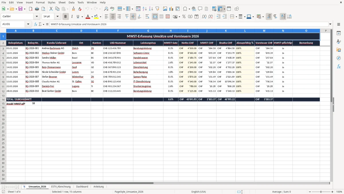 Screenshot 1: Blatt Umsaetze_2026 - Excel-Vorlage mwst abrechnung estv excel vorlage schweiz