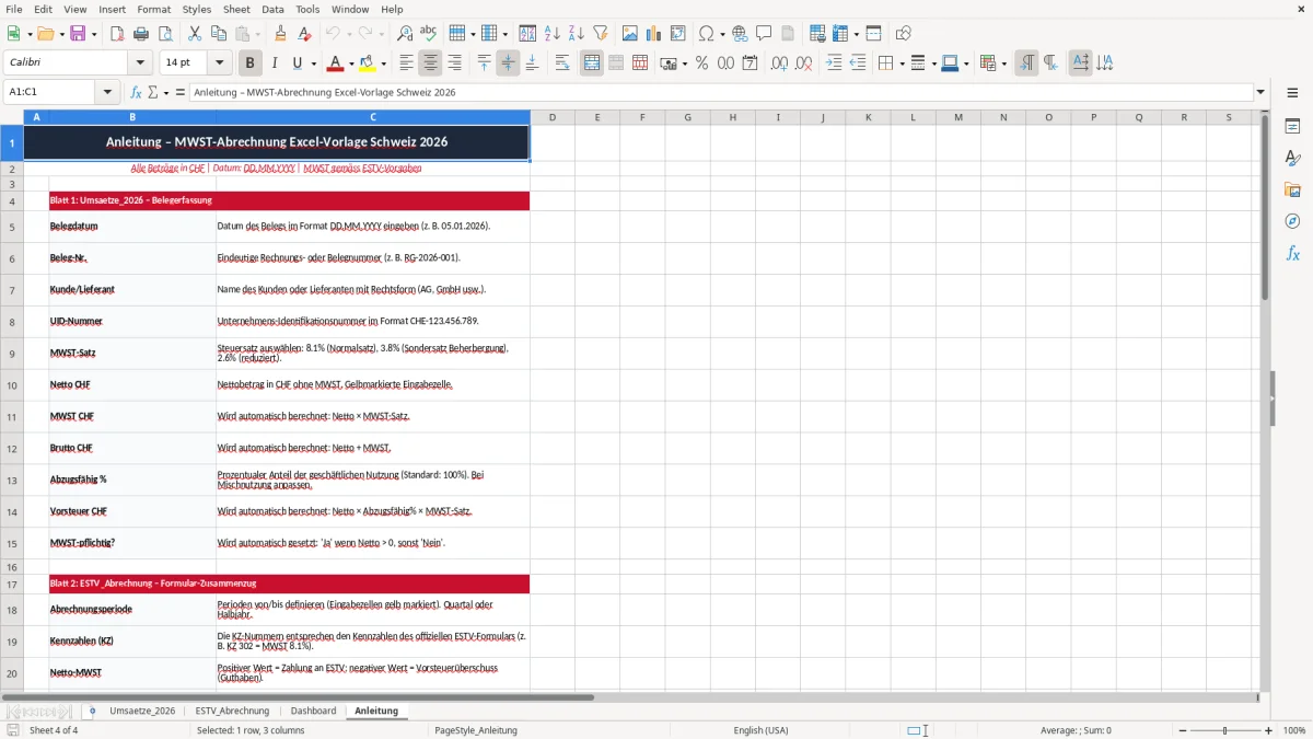 Screenshot 4: Blatt Anleitung - Excel-Vorlage mwst abrechnung estv excel vorlage schweiz