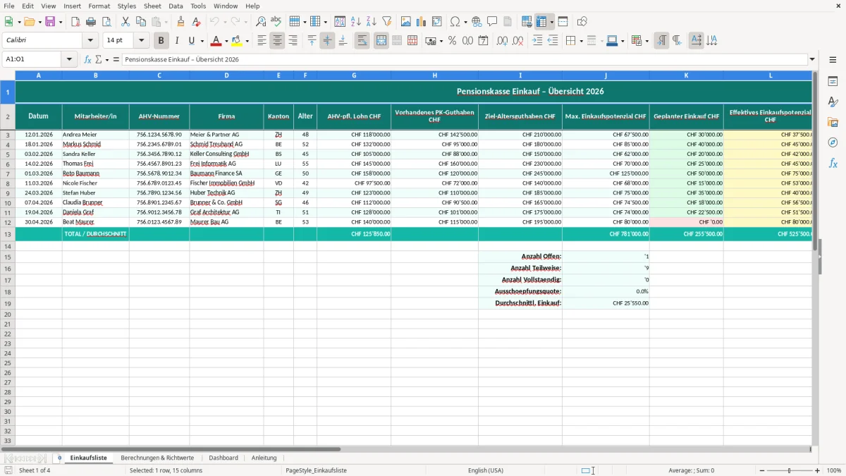 Screenshot 1: Blatt Einkaufsliste - Excel-Vorlage pensionskasse einkauf excel vorlage schweiz