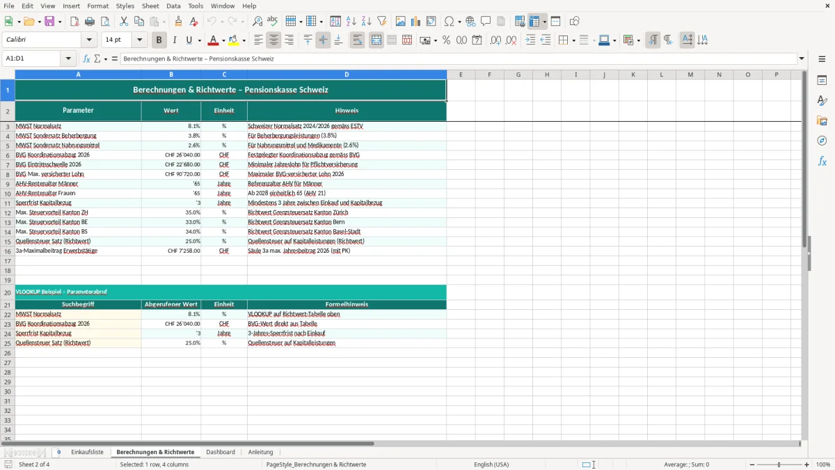 Screenshot 2: Blatt Berechnungen & Richtwerte - Excel-Vorlage pensionskasse einkauf excel vorlage schweiz