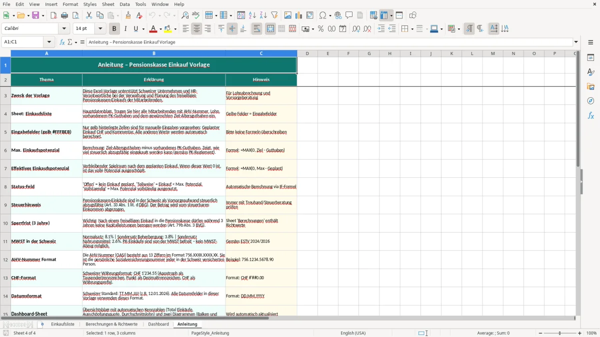 Screenshot 4: Blatt Anleitung - Excel-Vorlage pensionskasse einkauf excel vorlage schweiz