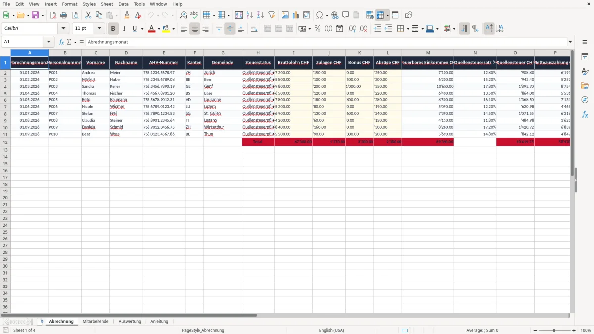 Screenshot 1: Blatt Abrechnung - Excel-Vorlage quellensteuer abrechnung excel vorlage schweiz