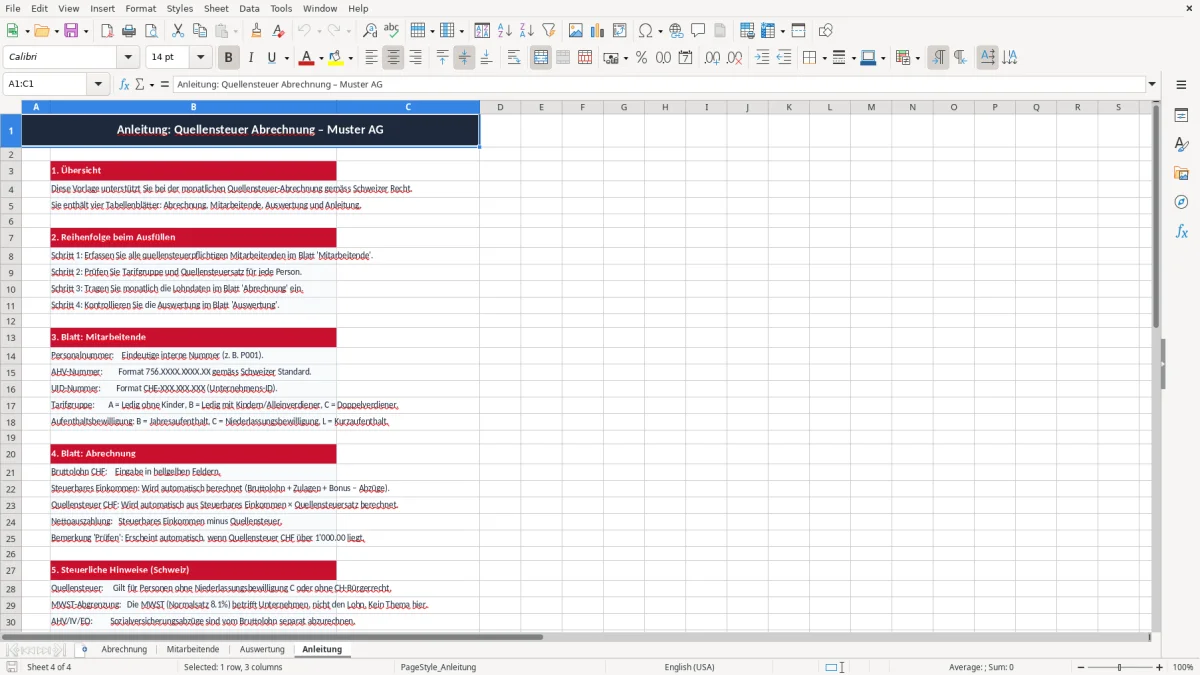 Screenshot 4: Blatt Anleitung - Excel-Vorlage quellensteuer abrechnung excel vorlage schweiz