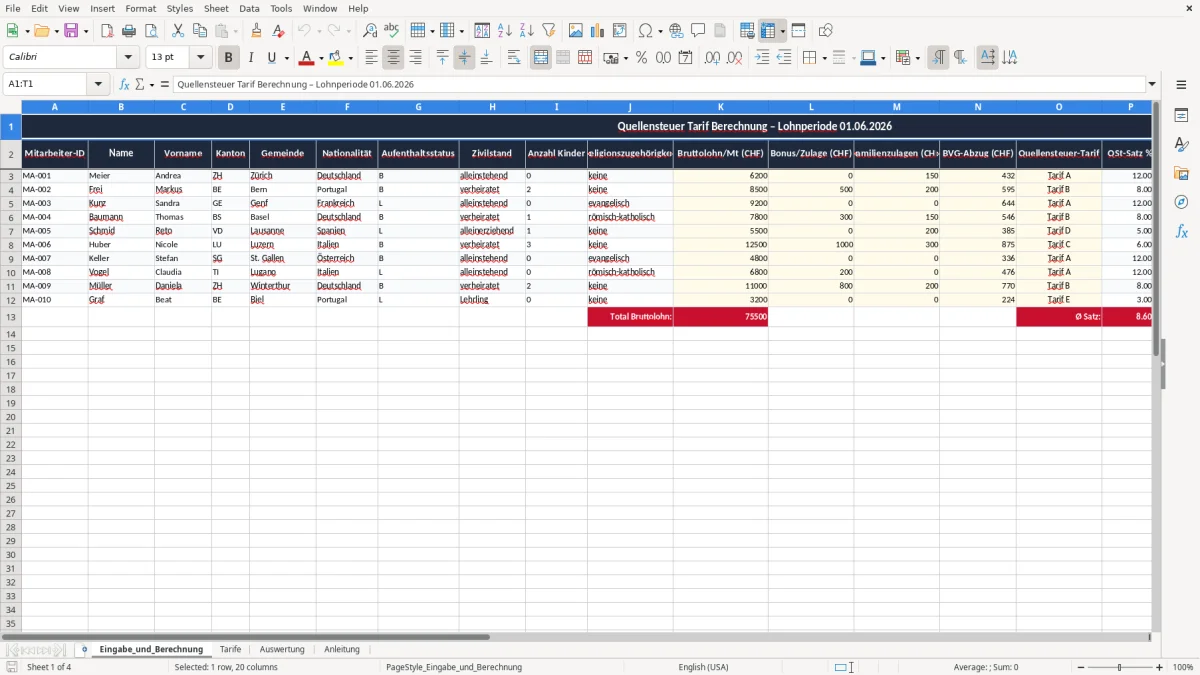 Screenshot 1: Blatt Eingabe_und_Berechnung - Excel-Vorlage quellensteuer tarif berechnung excel vorlage schweiz