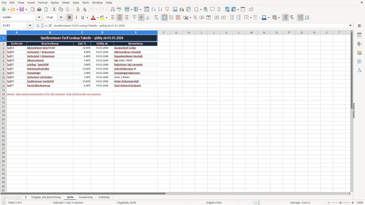 Screenshot 2: Blatt Tarife - Excel-Vorlage quellensteuer tarif berechnung excel vorlage schweiz