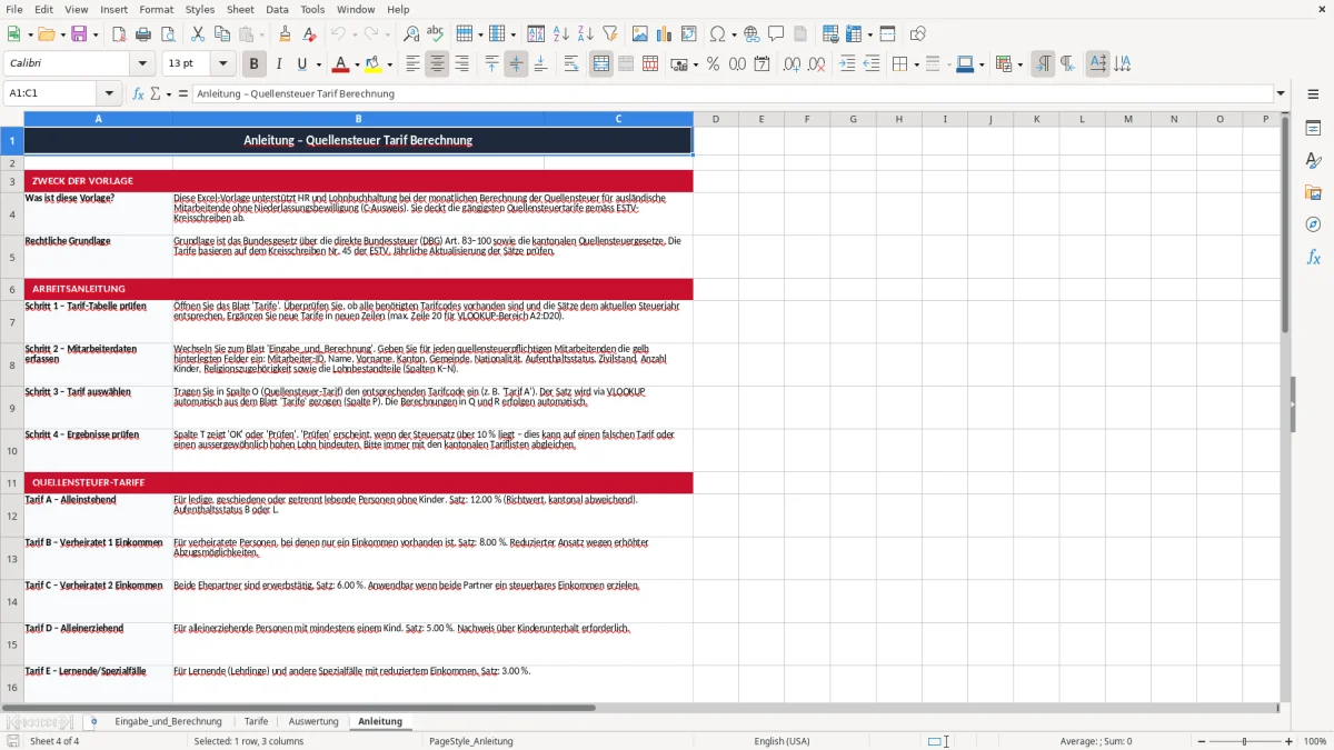 Screenshot 4: Blatt Anleitung - Excel-Vorlage quellensteuer tarif berechnung excel vorlage schweiz