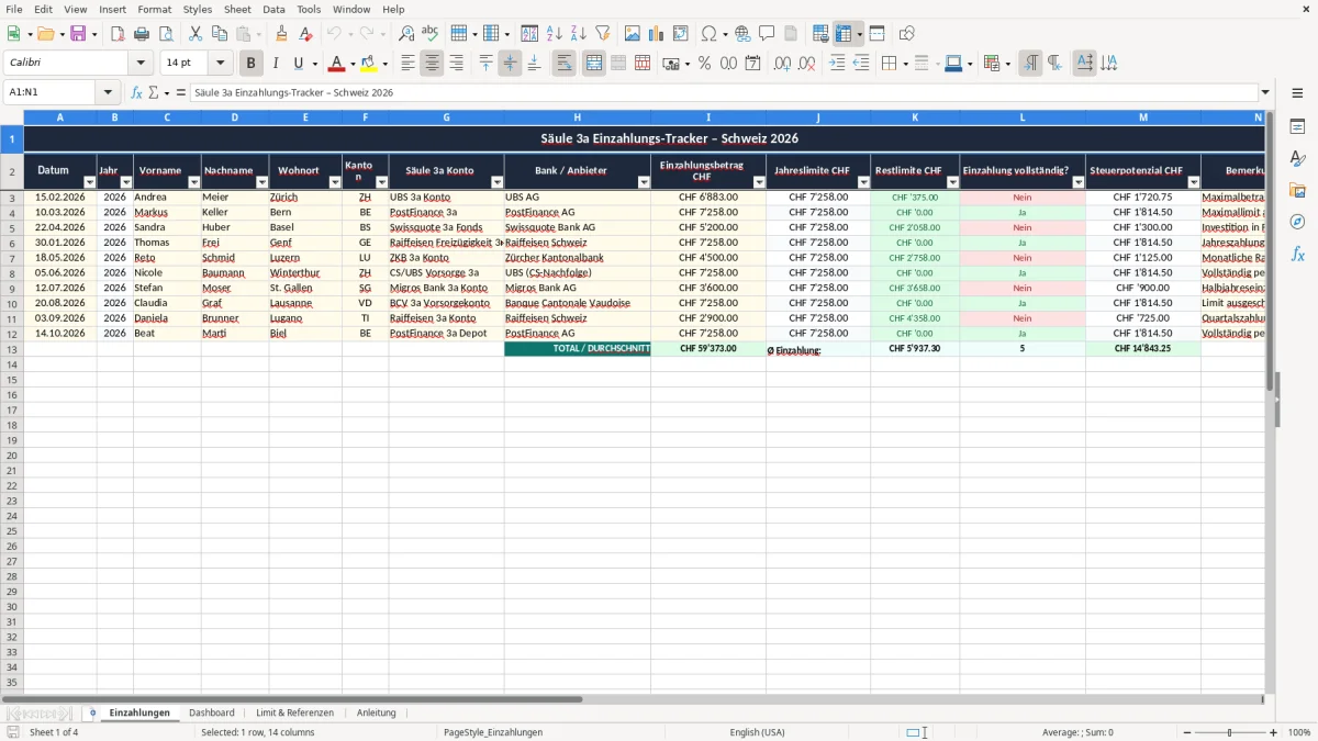 Screenshot 1: Blatt Einzahlungen - Excel-Vorlage saeule 3a einzahlung tracker excel vorlage schweiz