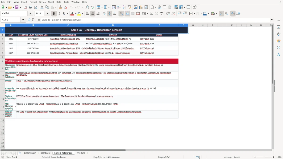 Screenshot 3: Blatt Limit & Referenzen - Excel-Vorlage saeule 3a einzahlung tracker excel vorlage schweiz