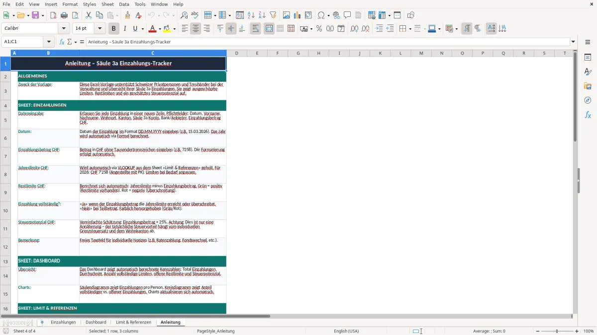 Screenshot 4: Blatt Anleitung - Excel-Vorlage saeule 3a einzahlung tracker excel vorlage schweiz