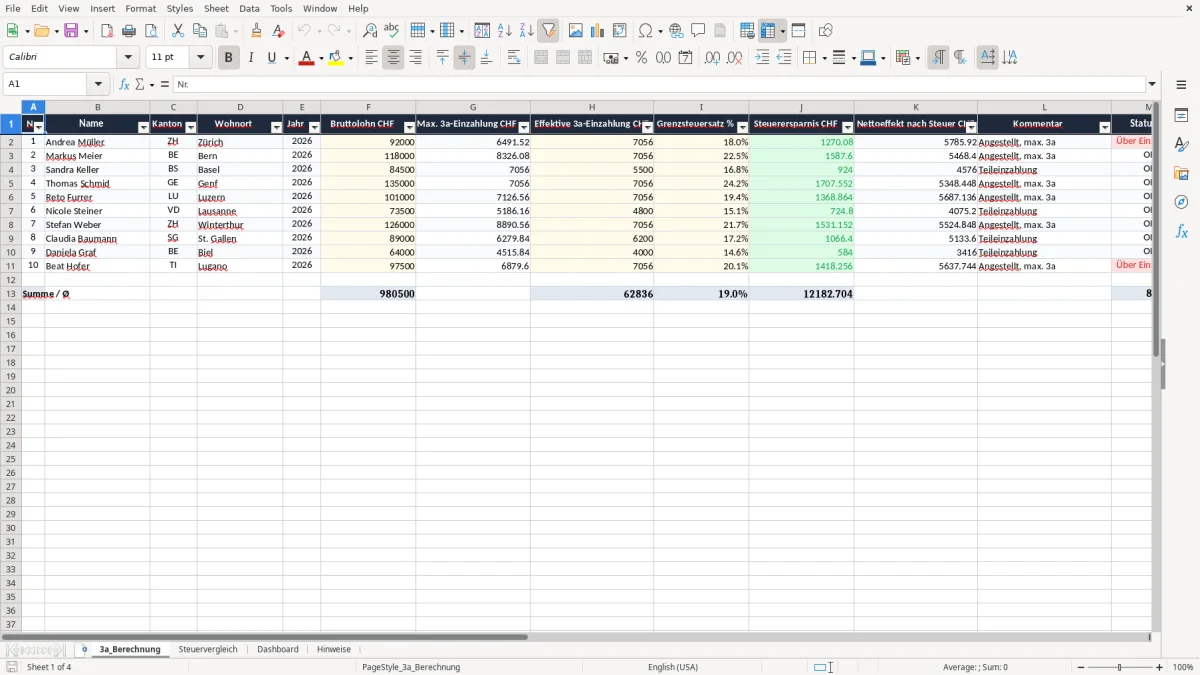 Screenshot 1: Blatt 3a_Berechnung - Excel-Vorlage saeule 3a steuerersparnis berechnung excel vorlage schweiz