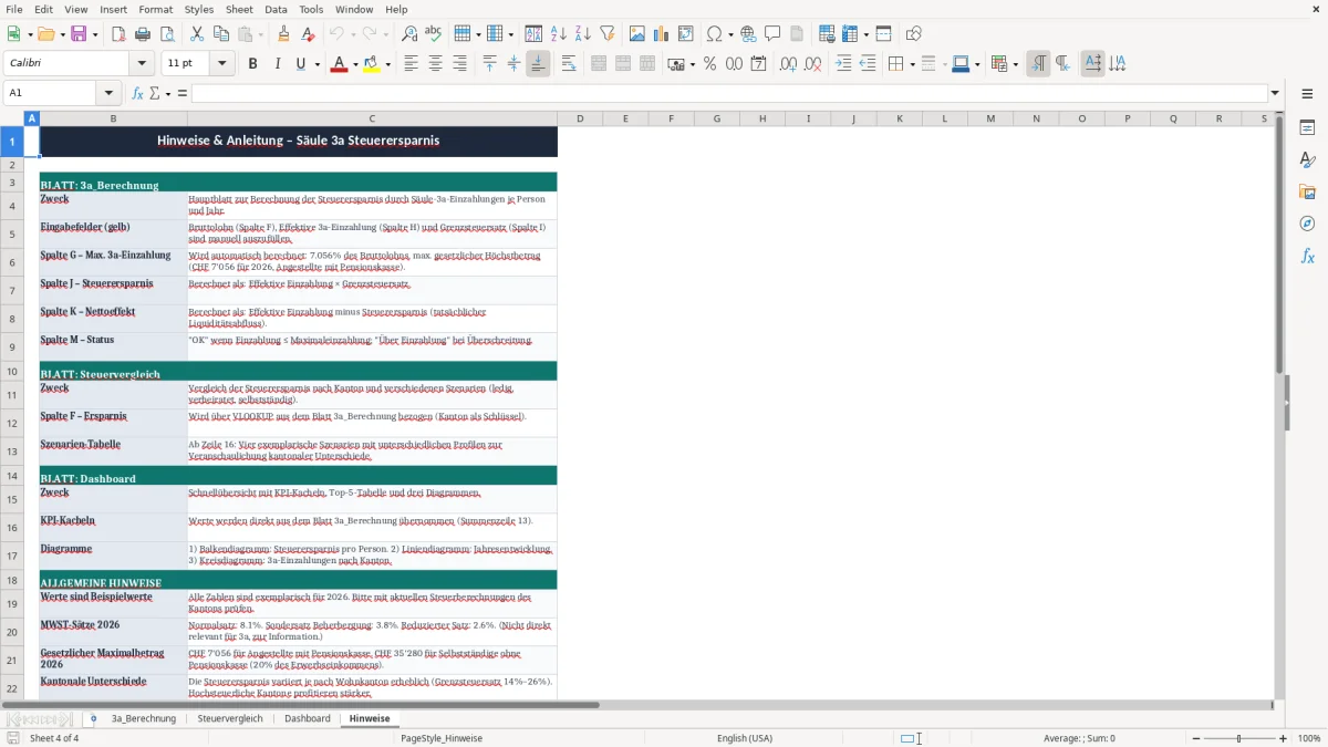 Screenshot 4: Blatt Hinweise - Excel-Vorlage saeule 3a steuerersparnis berechnung excel vorlage schweiz