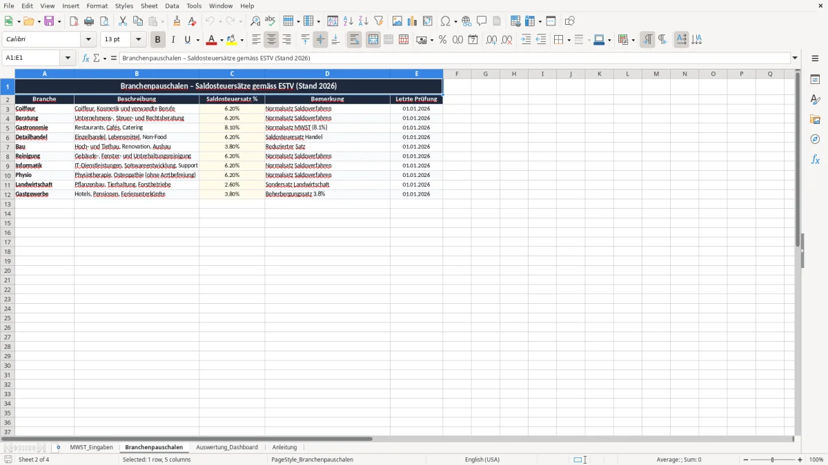 Screenshot 2: Blatt Branchenpauschalen - Excel-Vorlage saldosteuersatz branchenpauschale excel vorlage schweiz