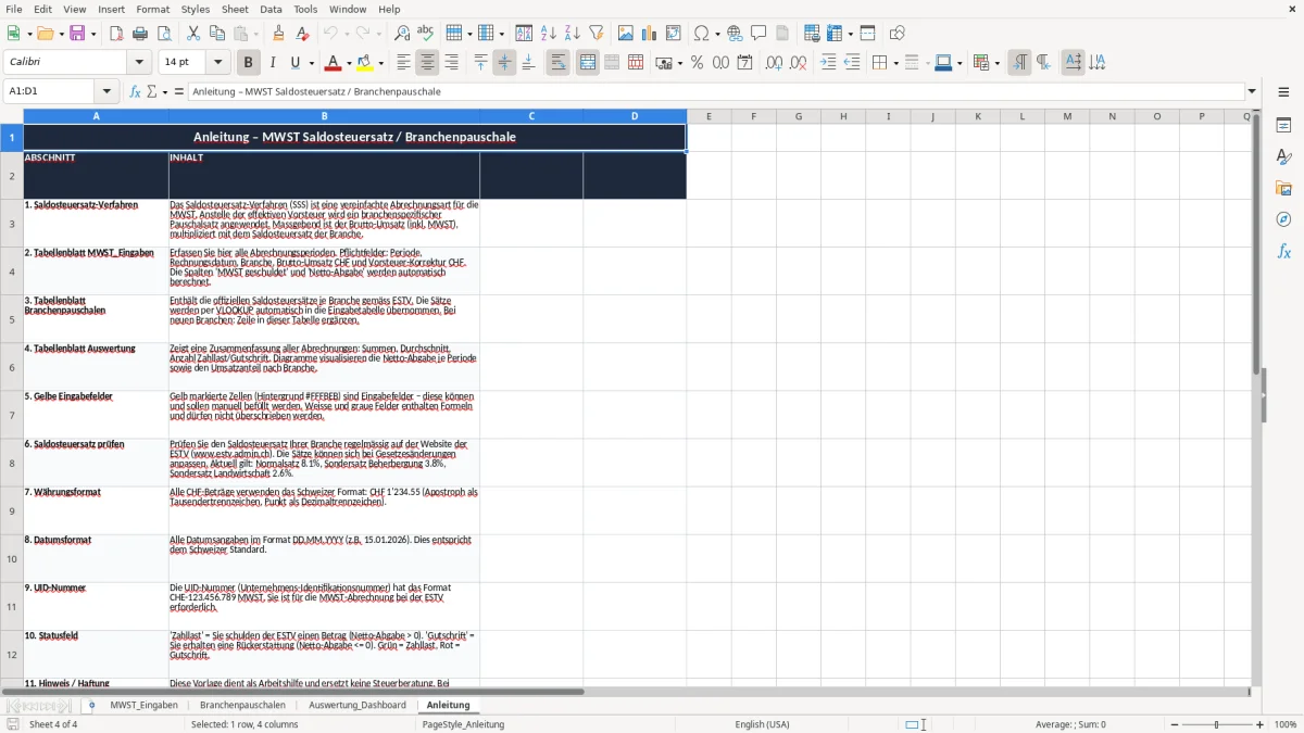Screenshot 4: Blatt Anleitung - Excel-Vorlage saldosteuersatz branchenpauschale excel vorlage schweiz