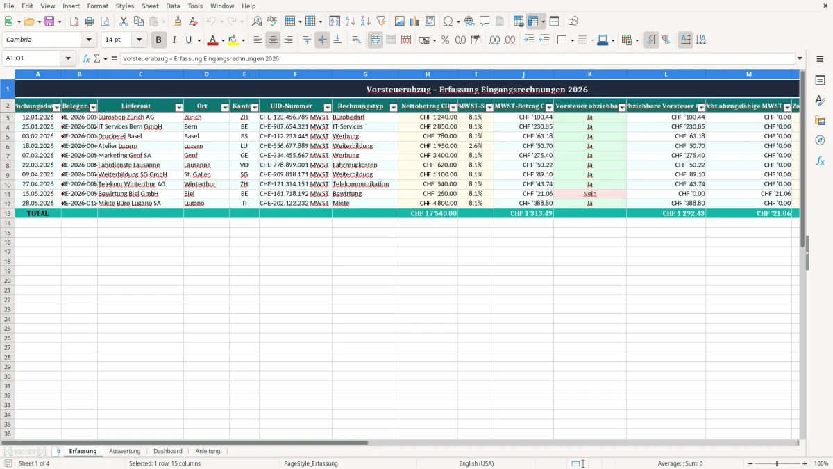 Screenshot 1: Blatt Erfassung - Excel-Vorlage vorsteuer abzug excel vorlage schweiz
