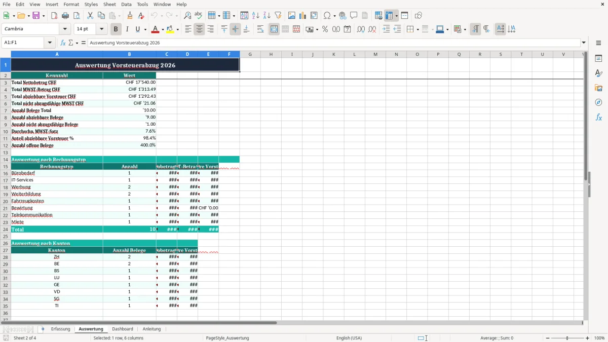 Screenshot 2: Blatt Auswertung - Excel-Vorlage vorsteuer abzug excel vorlage schweiz