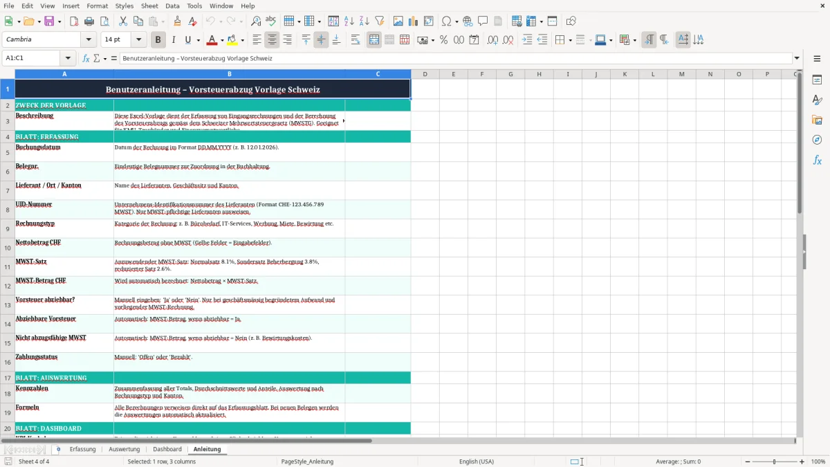 Screenshot 4: Blatt Anleitung - Excel-Vorlage vorsteuer abzug excel vorlage schweiz