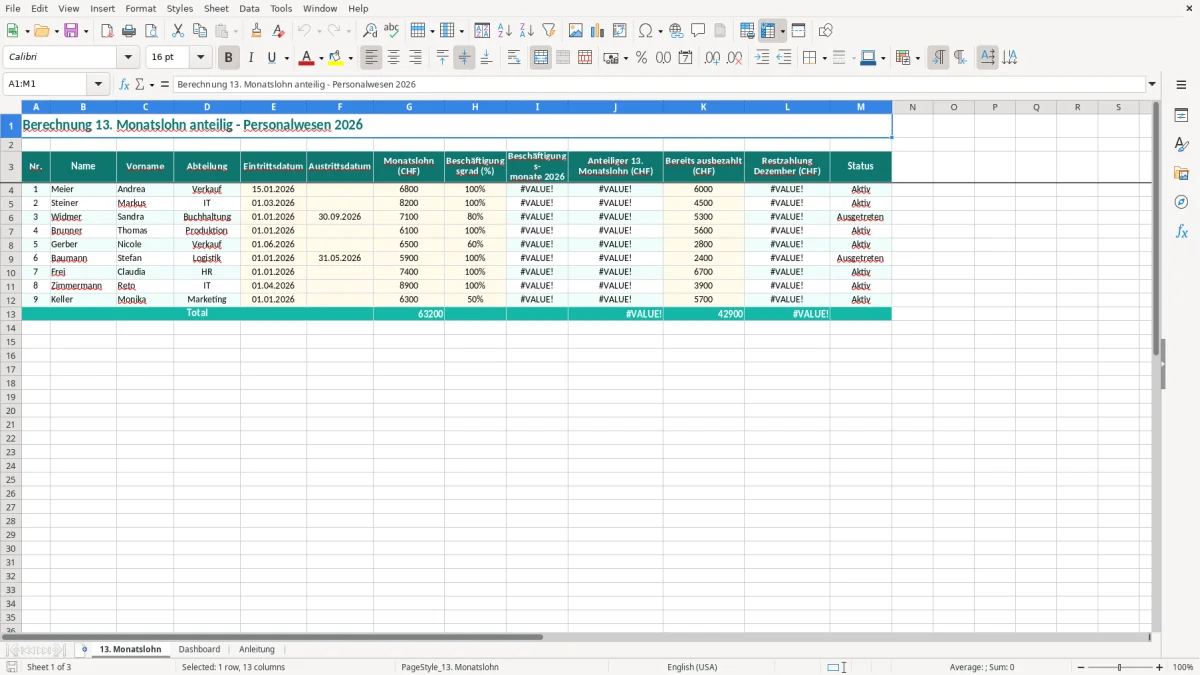 Screenshot 1: Blatt 13. Monatslohn - Excel-Vorlage 13. Monatslohn anteilig berechnen Excel Schweiz