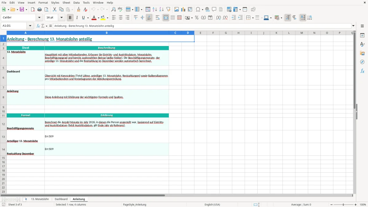 Screenshot 3: Blatt Anleitung - Excel-Vorlage 13. Monatslohn anteilig berechnen Excel Schweiz