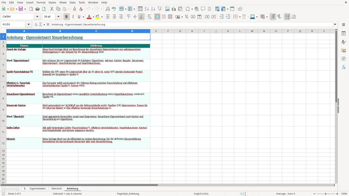 Screenshot 3: Blatt Anleitung - Excel-Vorlage Eigenmietwert Steuerberechnung Excel Vorlage Schweiz