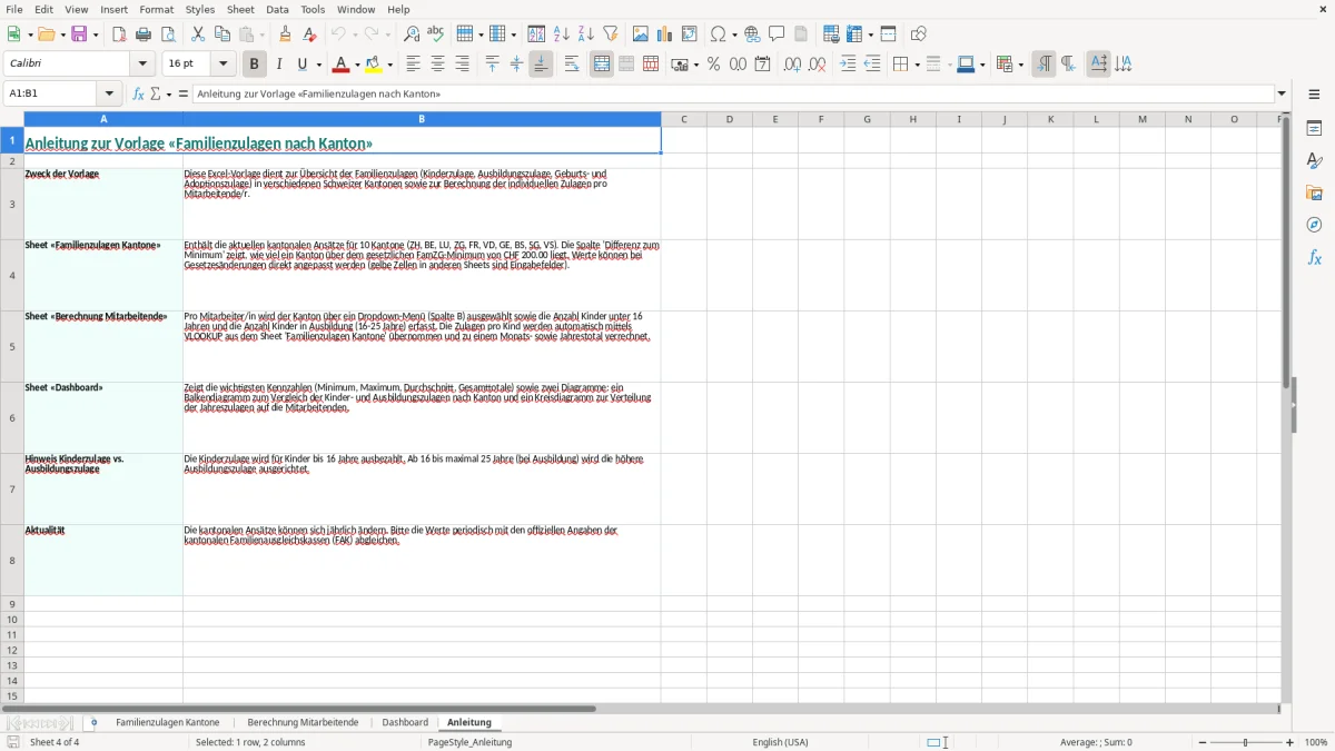 Screenshot 4: Blatt Anleitung - Excel-Vorlage Familienzulagen nach Kanton Excel Vorlage Schweiz