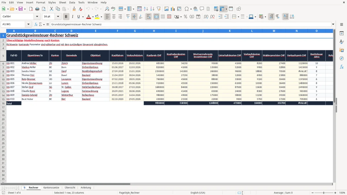 Screenshot 1: Blatt Rechner - Excel-Vorlage Grundstückgewinnsteuer nach Kanton Excel Rechner Schweiz