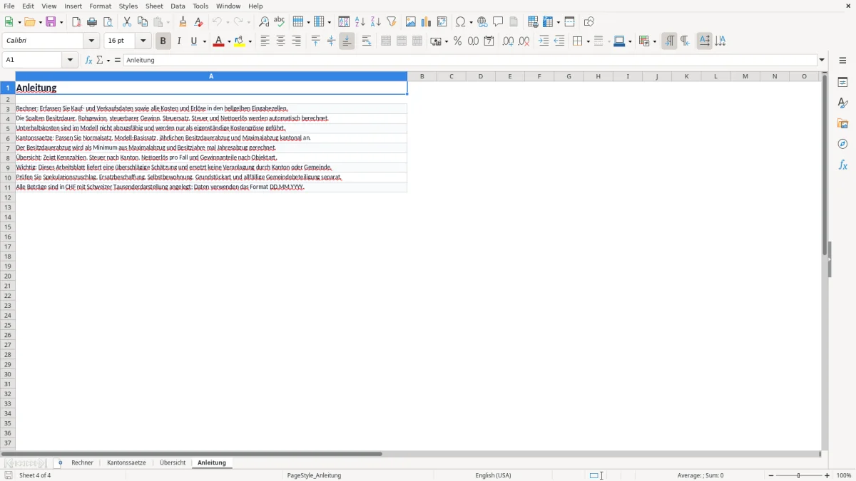 Screenshot 4: Blatt Anleitung - Excel-Vorlage Grundstückgewinnsteuer nach Kanton Excel Rechner Schweiz