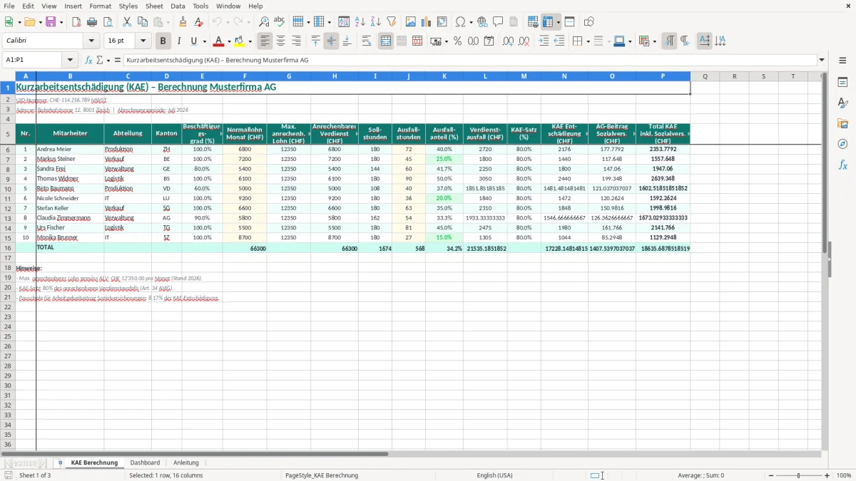 Screenshot 1: Blatt KAE Berechnung - Excel-Vorlage Kurzarbeitsentschädigung KAE Excel Berechnung Schweiz