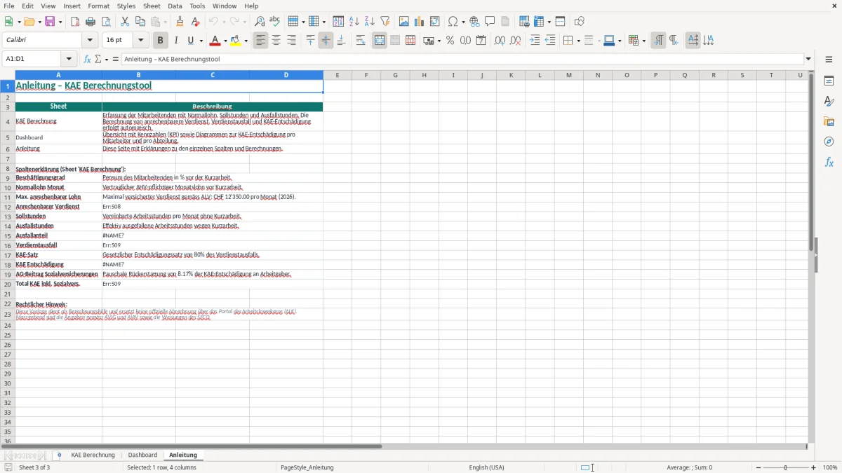 Screenshot 3: Blatt Anleitung - Excel-Vorlage Kurzarbeitsentschädigung KAE Excel Berechnung Schweiz