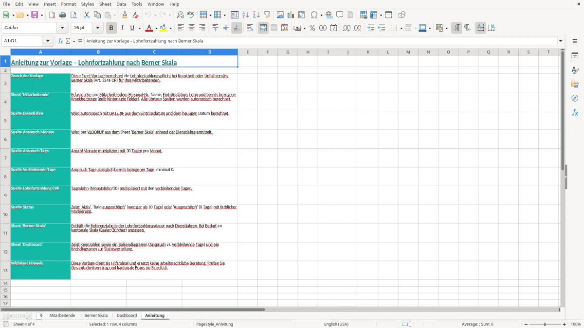 Screenshot 4: Blatt Anleitung - Excel-Vorlage Lohnfortzahlung nach Berner Skala Excel Vorlage Schweiz