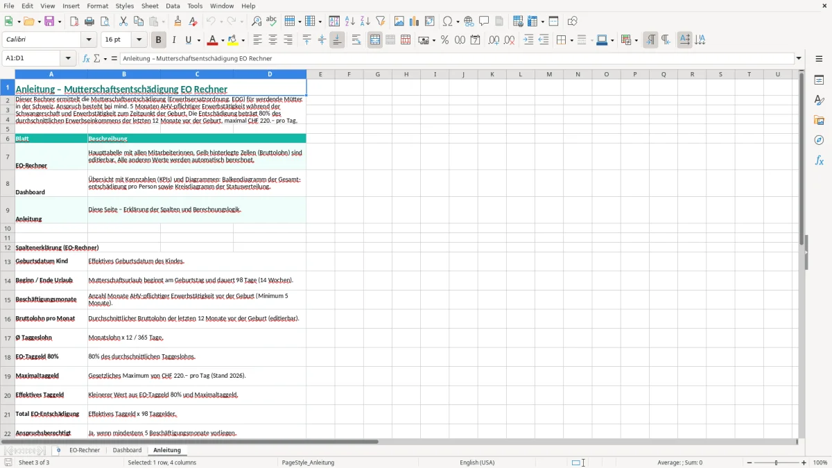 Screenshot 3: Blatt Anleitung - Excel-Vorlage Mutterschaftsentschädigung EO Excel Rechner Schweiz