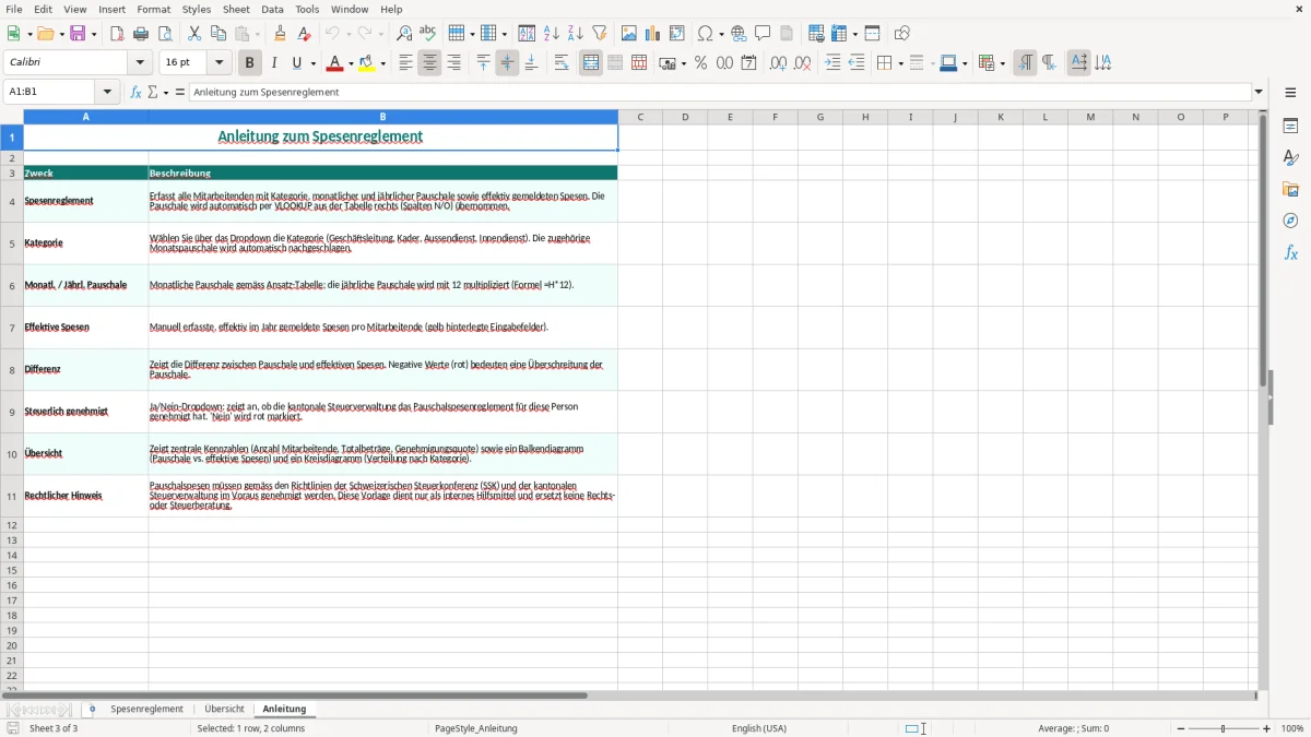 Screenshot 3: Blatt Anleitung - Excel-Vorlage Pauschalspesen Spesenreglement Excel Vorlage Schweiz