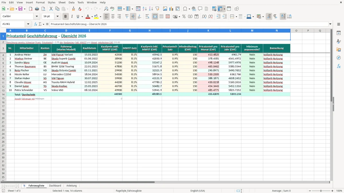 Screenshot 1: Blatt Fahrzeugliste - Excel-Vorlage Privatanteil Geschäftsfahrzeug Excel Vorlage Schweiz