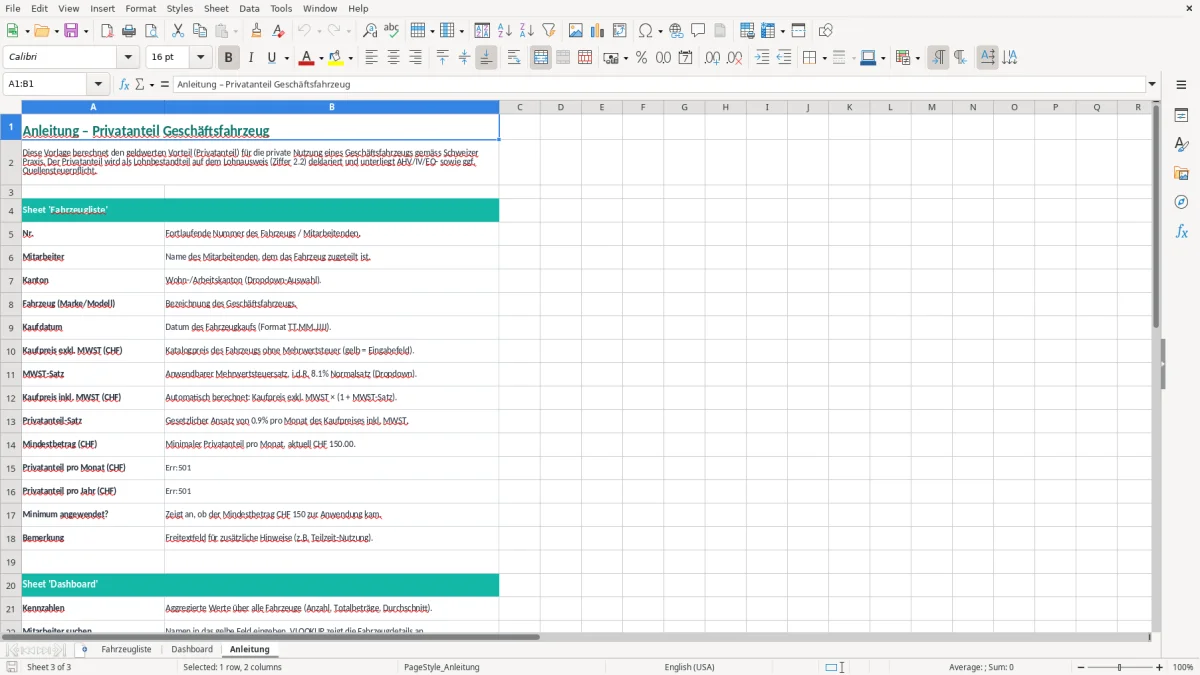 Screenshot 3: Blatt Anleitung - Excel-Vorlage Privatanteil Geschäftsfahrzeug Excel Vorlage Schweiz