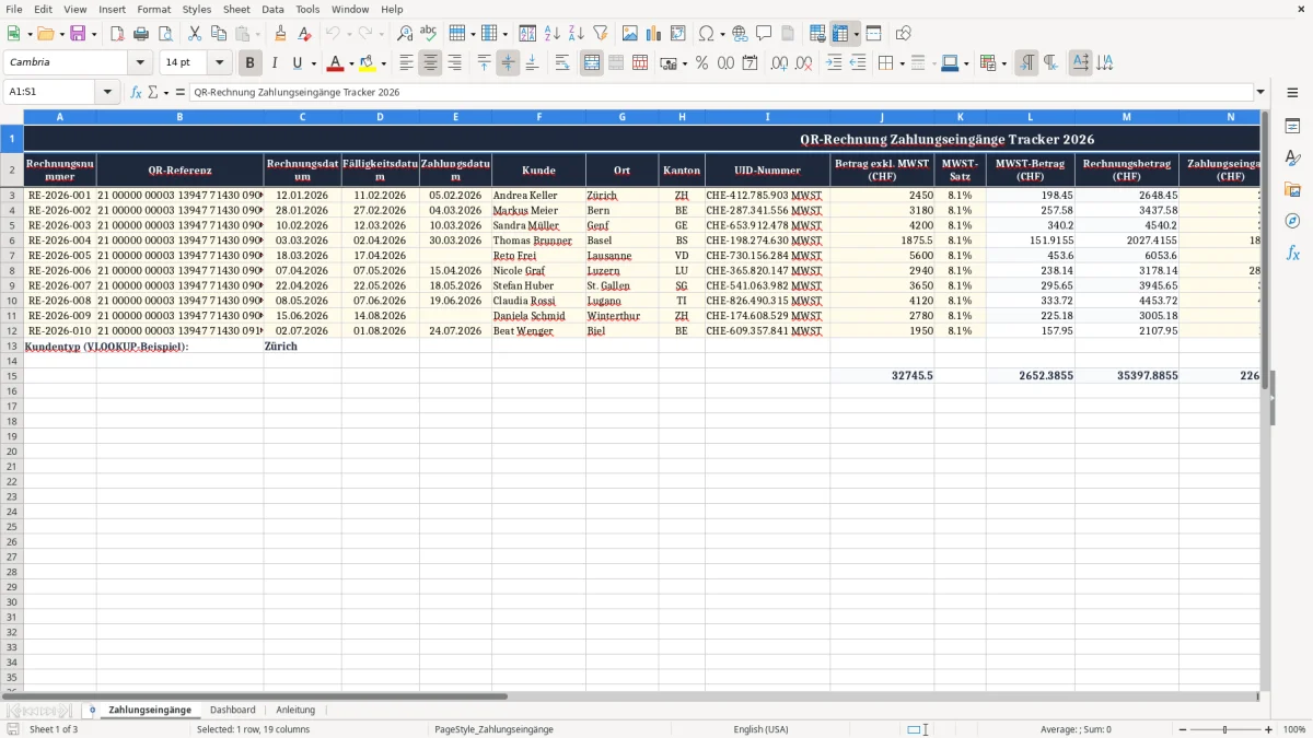 Screenshot 1: Blatt Zahlungseingänge - Excel-Vorlage QR-Rechnung Zahlungseingänge Excel Tracker Schweiz