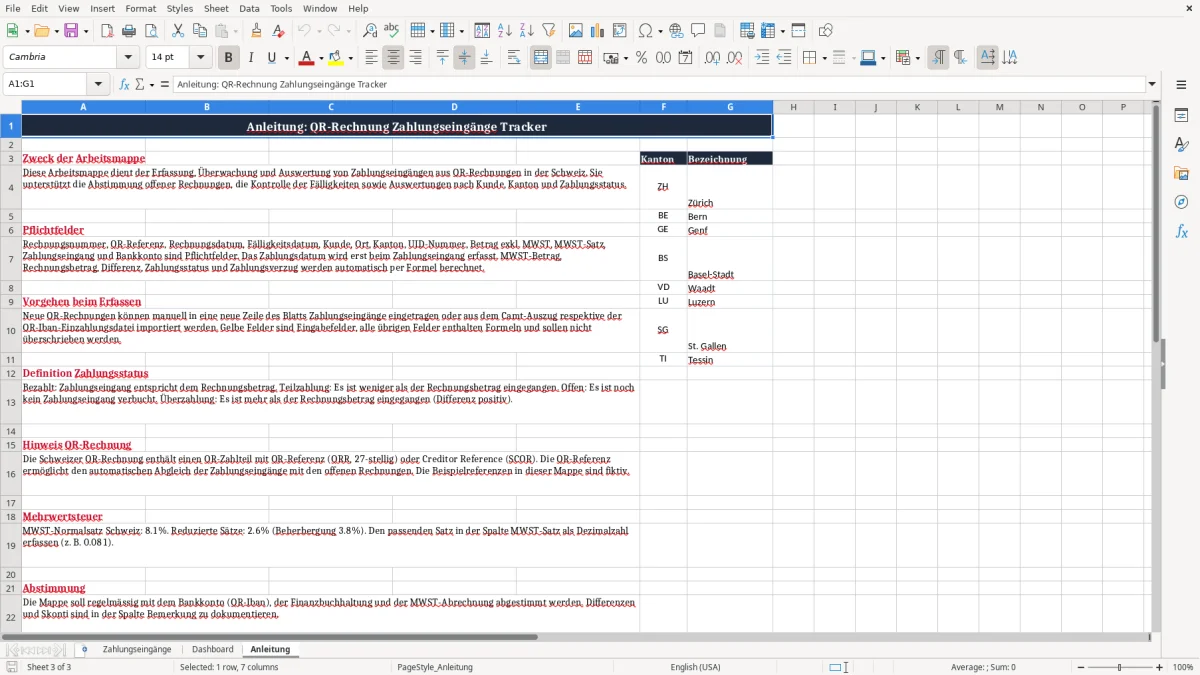 Screenshot 3: Blatt Anleitung - Excel-Vorlage QR-Rechnung Zahlungseingänge Excel Tracker Schweiz