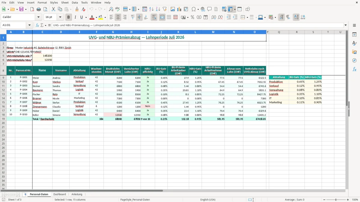 Screenshot 1: Blatt Personal-Daten - Excel-Vorlage UVG- und NBU-Prämienabzug Excel Vorlage Schweiz